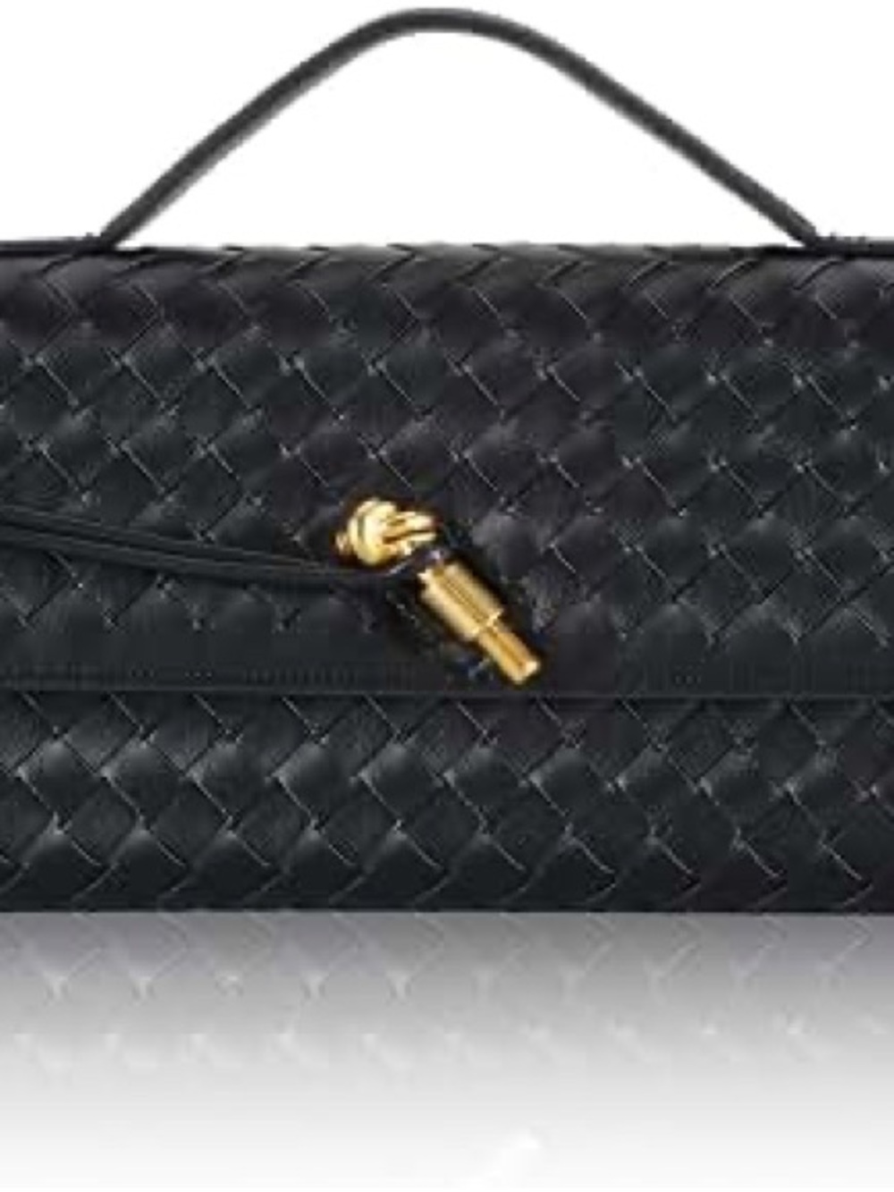 Black Woven Leather Clutch with Gold-Tone Accent